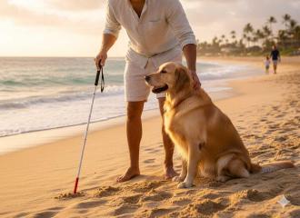 Un homme avec une canne blanche et son chien sur une plage. Image générée par IA.